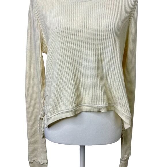 Free People FP One Interlaken Side Tie White L/S Waffle Thermal Knit Top Sz XL - Picture 3 of 12